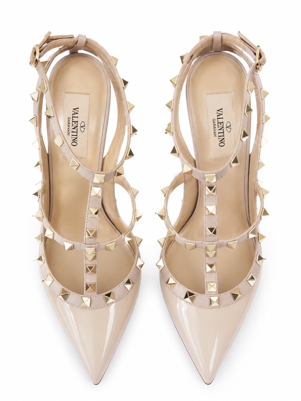 Valentino Garavani patent nappa leather pump feature iconic platinum-finish stud